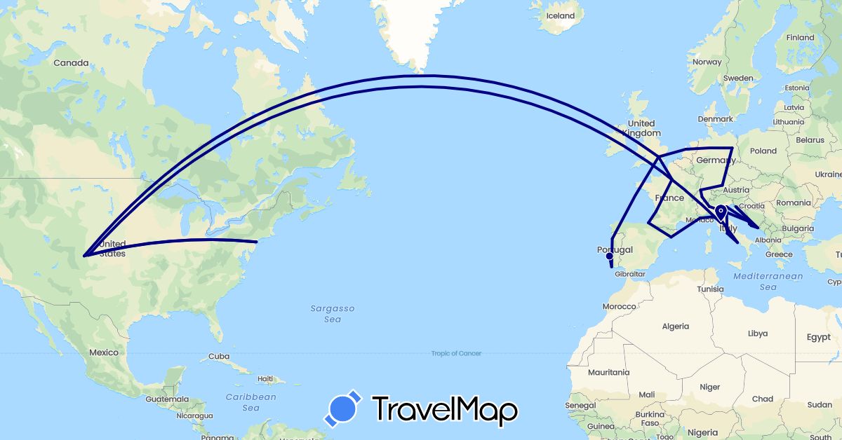 TravelMap itinerary: driving in Switzerland, Germany, Spain, France, United Kingdom, Croatia, Italy, Netherlands, Portugal, United States (Europe, North America)